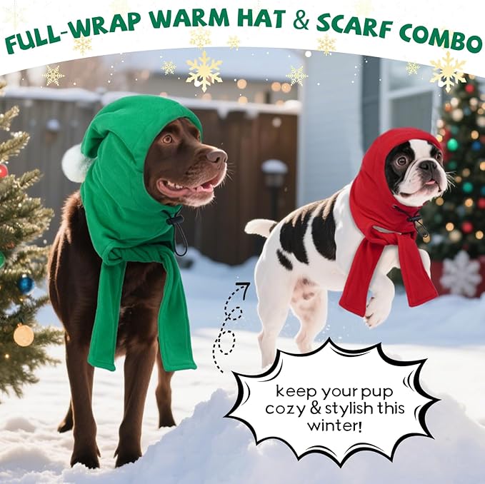 DENTRUN Dog Hood with Scarf - Warm Fleece Ear Cover for Medium Dogs, Adjustable Christmas Outfit with Pom Pom, Green (M:10-13" Head Girth)