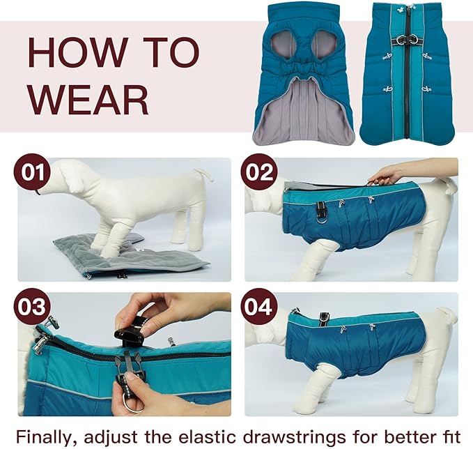 Dog Winter Jacket - 3X Large, Warm Zip Up Snowsuit Dog Harness Vest, Reflective, Water-Resistant, Green