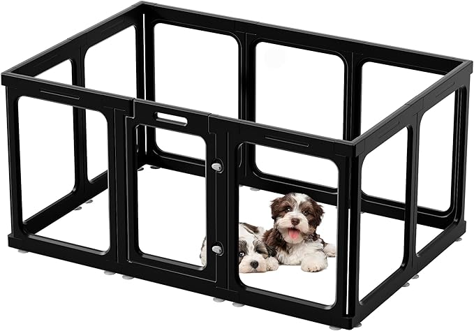 Clear Acrylic Dog Playpen with Door, for Puppy Rabbit Transparent Pet Pen, Black Dog Playpen Indoor, Dog Fence, Easy Assemble & Cleaning Dog Pen for Small & Medium Dogs (23.6“ Height, 10PCS)