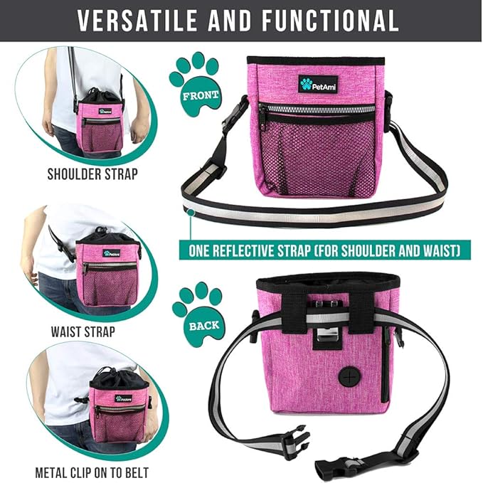 PetAmi Dog Treat Pouch, Pet Treat Pouch for Training, Dog Walking Bag Holder for Kibbles, Pet Food Toy, Dog Trainer Essentials Supplies, Poop Bag Dispenser, 3 Ways to Wear (Pink)