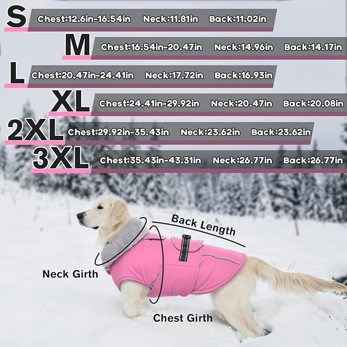 Lelepet Warm Dog Coat Reflective Fleece Vest Waterproof Dog Jacket with Adjustable Buckle Hook & Loop Windproof Cold Weather Coats for Small Medium Large Dogs, Pink, XXXL
