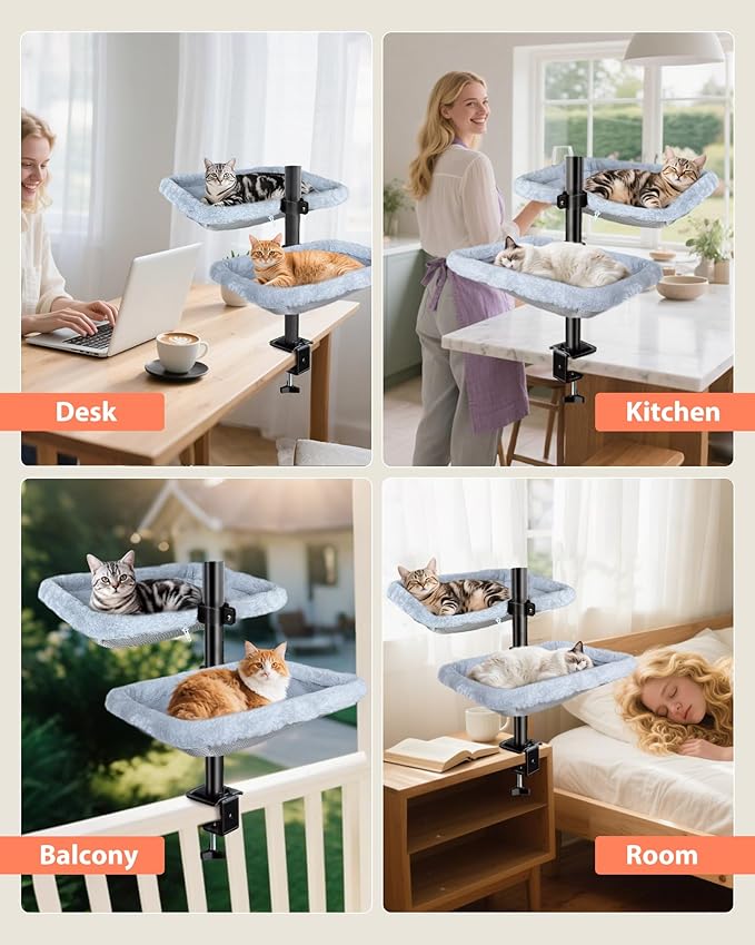 L&W BROS. Double Layer Cat Desk Bed – Adjustable Desk Nest with Swivel Mounts, Metal Frame, 45LB/Layer, Washable Covers, for Multi-Cat Homes