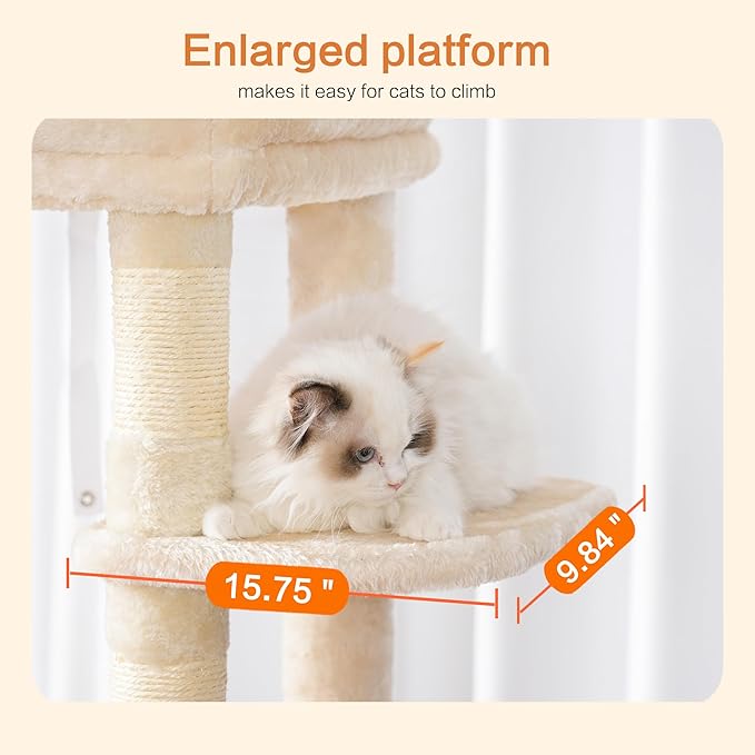 Heybly Cat Tree for Large Cats 20lbs Heavy Duty,60 inches XXL Cat Tower for Indoor Cats, Multi-Level Furniture Condo with Big Padded Plush Perch, Cozy Basket, Beige HCT050M