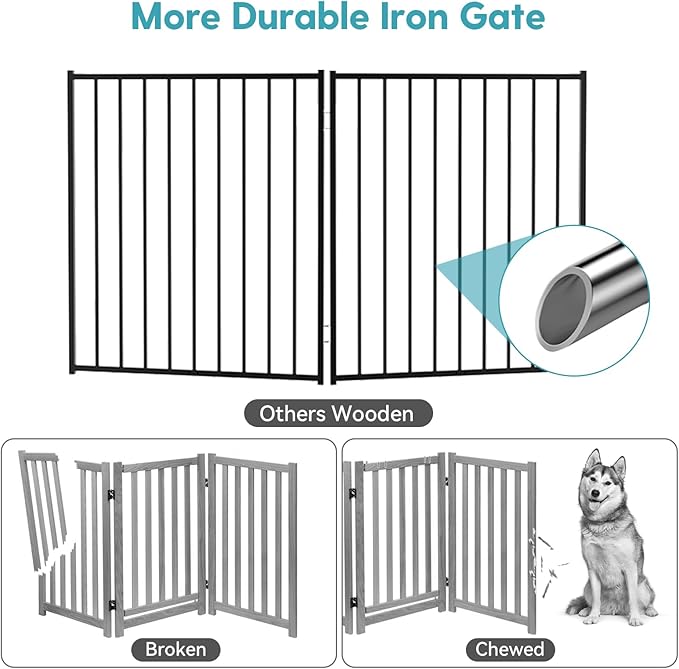 No Pawblems Free Standing Dog Gate with Door, 30'' Tall Foldable Dog Fence for Indoor & Outdoor, Up to 78 Inch Extra Wide Puppy Gate for Stairs, Hallways, Doorways, Deck, Yard (Black, 3 Panels)