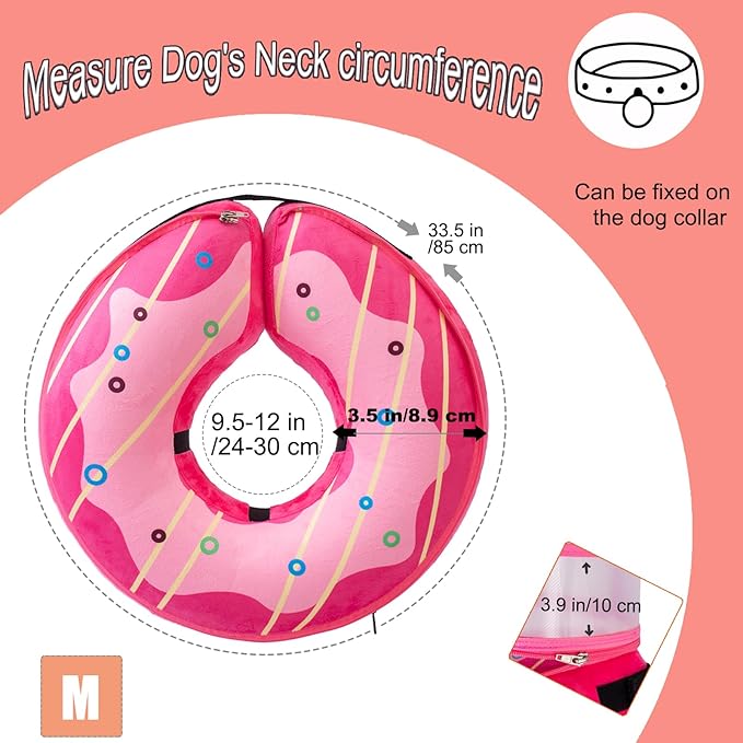Inflatable Dog Cone Collar for Large Medium Small Dogs, Soft Dog Donut Collar Adjustable Recovery Cone for Pets After Surgery, Extra Enhanced Anti-Licking Guard Shield (Pink Donut, Medium)