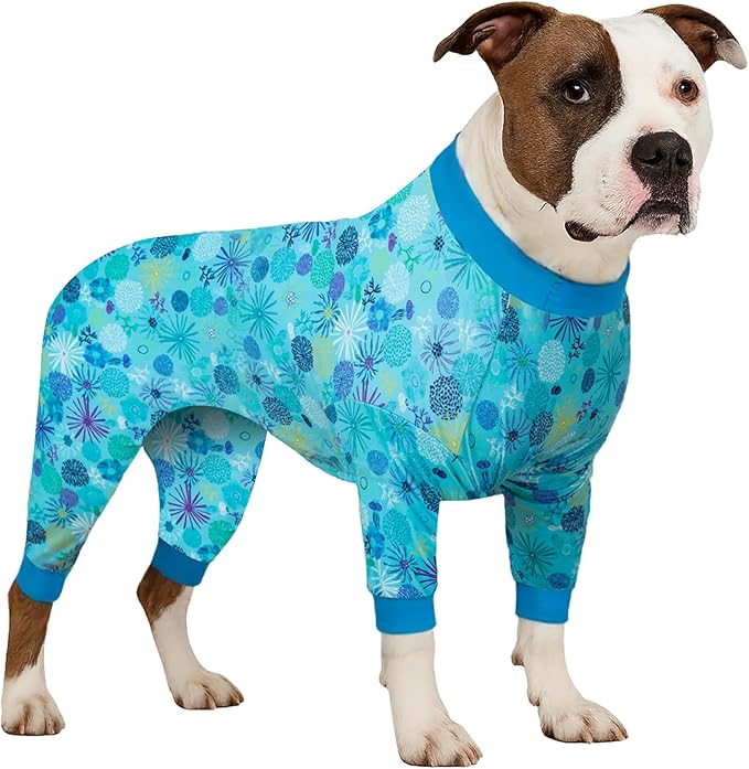 LovinPet Dog Sweatshirts for Size Large Boy Dogs, Pet Anxiety Calming Shirt, Pajamas for Pitbulls,Sea Plants Turquoise Print, Pitbull Clothes, Pajamas for Large Dogs, Medium