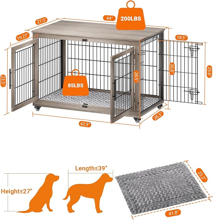 Dog Crate Furniture with Cushion, Wooden Dog Kennel Indoor with Double Doors, Dog Cage with Wheels, Dog House Side End Table for Large Dogs up to 85 lb, 44" L, Grey
