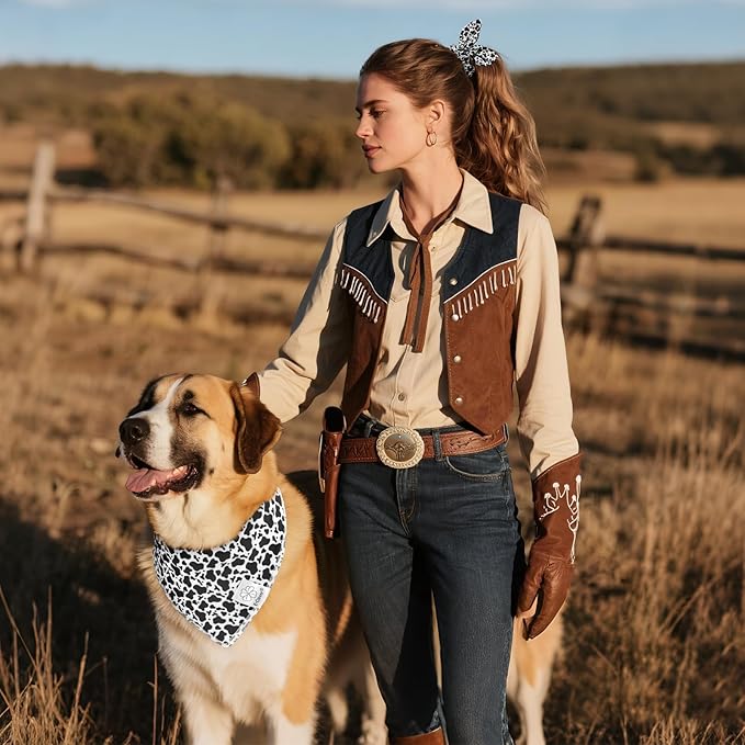 E-Clover Cow Print Dog Bandanas & Matching Scrunchie Set Fall Cowboys Theme Dog Scarf Bibs Pet Bandana with Bow Tie for Small Dogs Puppy Owner Mom Black White