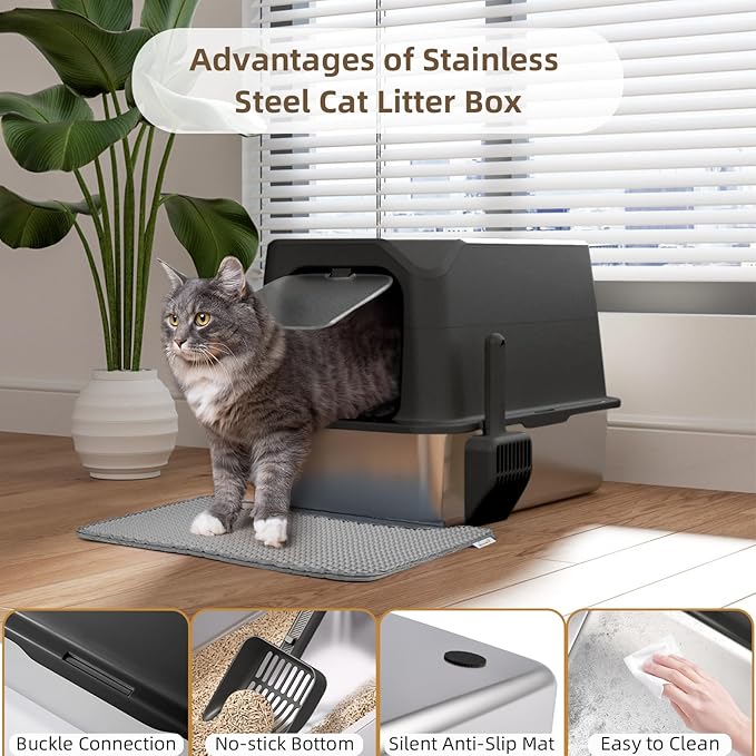 Stainless Steel Cat Litter Box with Lid, Extra Large, Great for Large & Small Cats, Easy to Clean, Anti-Leakage, Non-Sticky, Multifunctional 2 in-1 Metal Cat Litter Box - Black