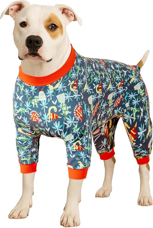 LovinPet Dog Sweatshirts for Large Dogs, Lightweight Stretchy Fabric, Dark Green Dinosaur Print, Sun Protection, Pet Anxiety Relief Shirt, Easy Wearing Dog Onesie, Dog Costume for Parties,3XL
