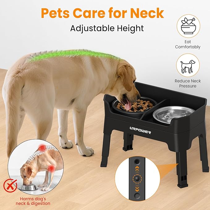 URPOWER Mess Proof Elevated Dog Bowls 4 Height Adjustable Raised Dog Bowl Stand with Stainless Steel Bowl, Slow Feeder & Licking Plate for Small, Medium & Large Dogs