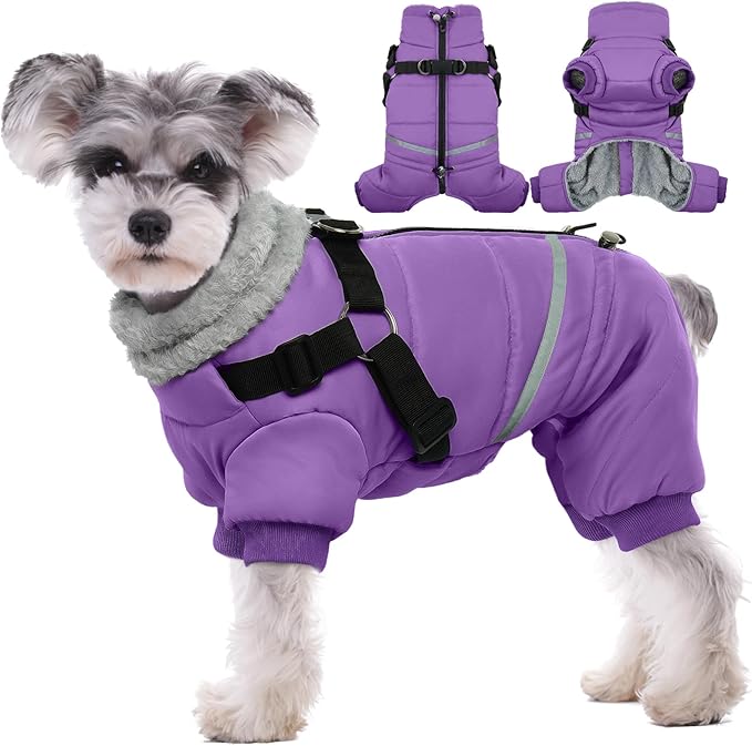 BRKURLEG Purple Dog Coat with Harness, Dog Winter Jacket, Dogs Onesie Body Warm Jackets, Small Medium Dogs Winter Coats Reflective Windproof Warm Cold Weather Coats, Pet Waterproof Jacket, XXL