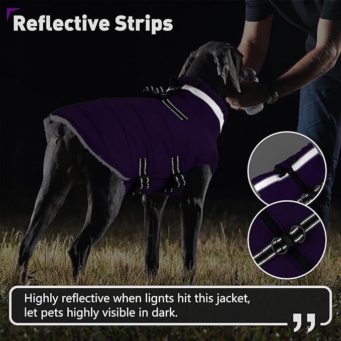 Dogcheer Dog Coat with Harness, Waterproof Dog Jacket Adjustable Pet Winter Coat with Zipper, Christmas Puppy Snow Jacket Fleece Sweater for Small Medium Large Dogs - Purple XL