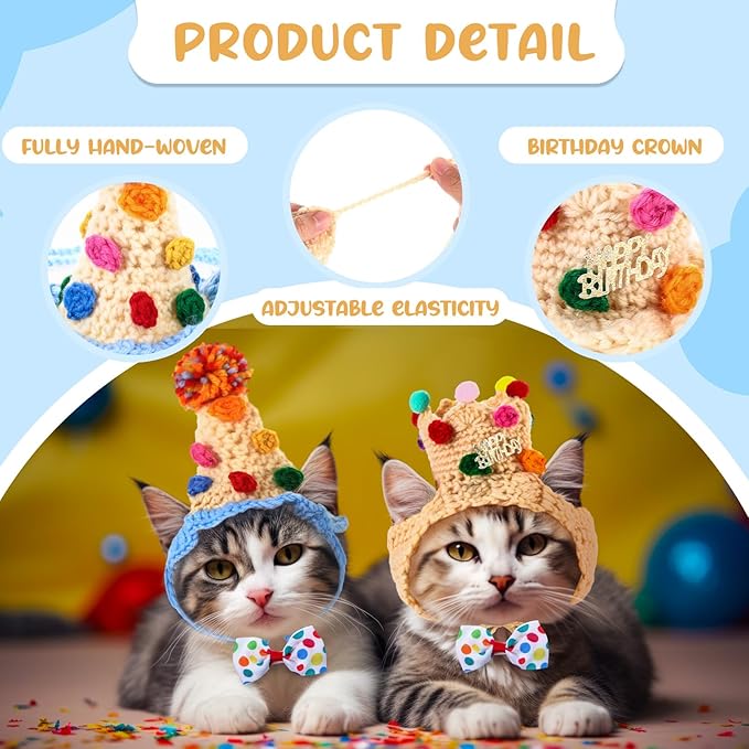 Ganeen 4 Pack Cat Birthday Hat Crochet Happy Birthday Cat Party Outfit Small Animal Top Hats Headband Rabbit Bow Tie Pet Hat Headband Bowtie Collar Costume for Rabbits Kittens Pet Party