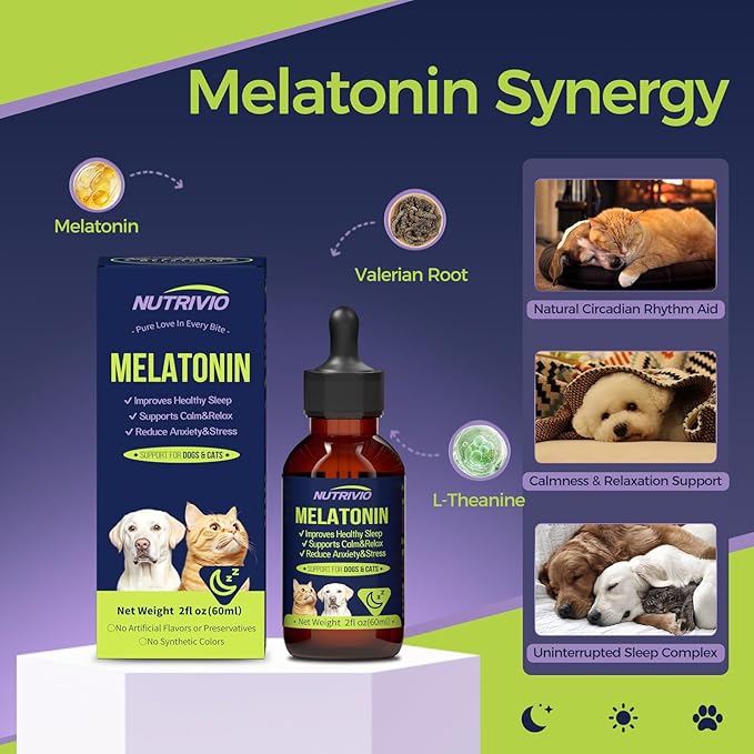 Liquid Melatonin for Dogs Melatonin Drops for Dogs & Cats,Dog Sleep Aid,Calming for Dogs Reduce Cat Stress Restful Sleep Formula with Vitamin B/D/C Bacon Flavor 2 fl oz (60 mL)
