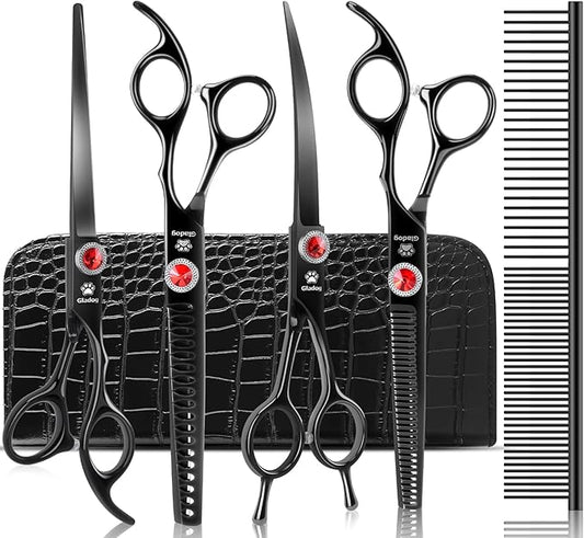 GLADOG 7 Inch Professional Dog Grooming Scissors Kit, Titanium Dog Scissors for Grooming, Heavy-Duty Dog Shears for Grooming, 6-in-1 Pet Grooming Scissors for Dogs (Pro Black)