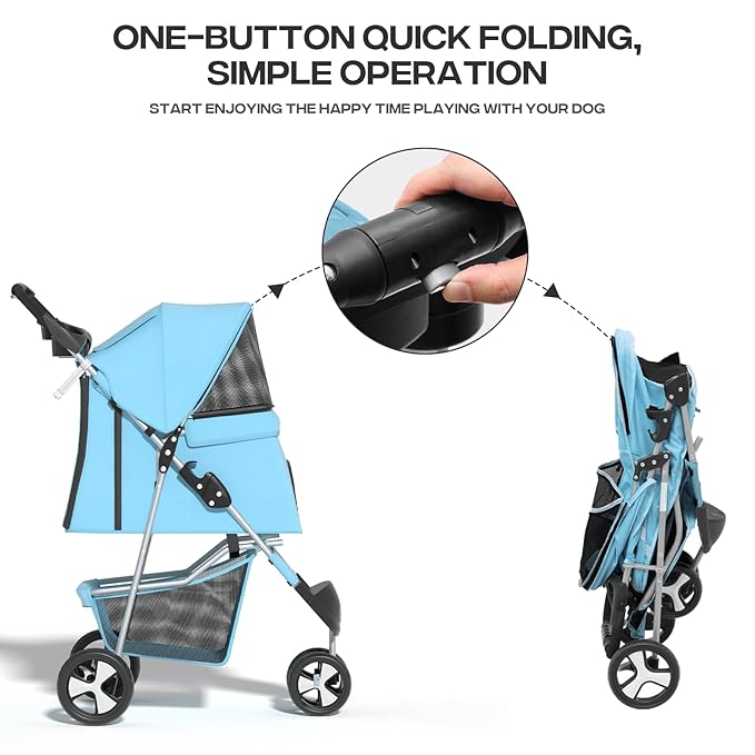 Cat Dog Stroller,3-Wheels Pet Stroller for Medium/Puppy Dogs 30 Lbs, with Storage Basket and Cup Holder, Breathable Mesh Mint