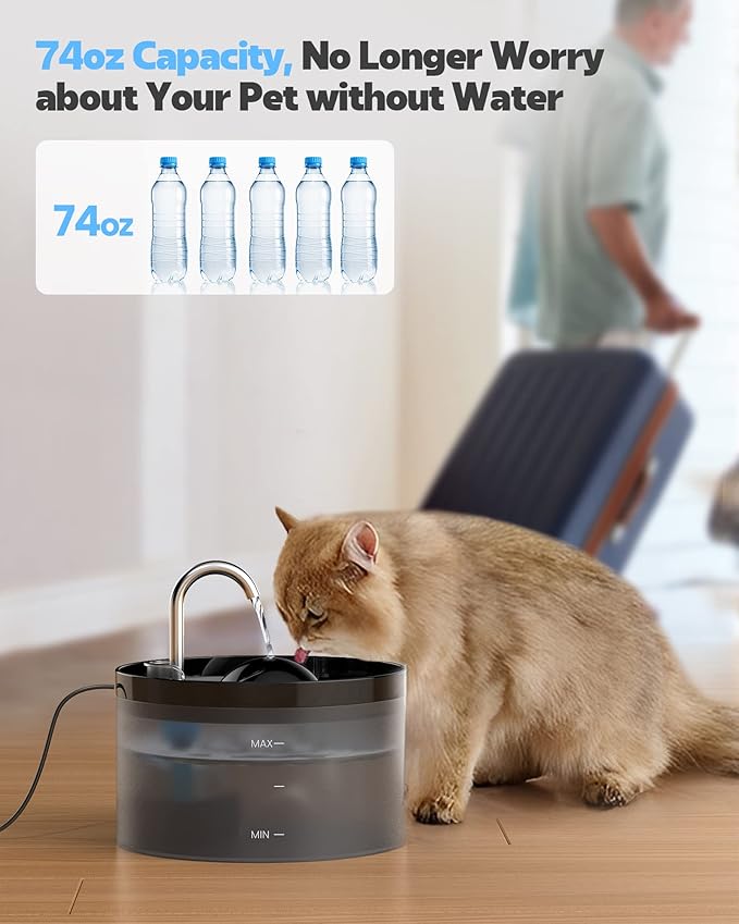 Cat Water Fountain + 6 Filters + 3 Sponges, Pet Water Fountain with Ultra Silent Pump, Activated Carbon Filter Keep The Water Clean, 2.2L Capacity, Faucet Design, Anti Sputtering