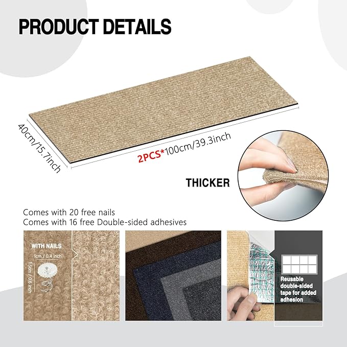 2Pack Total 78.7"x15.8" Cat Scratch Mat for Cat Couch Furniture and Wall Protector | Trimmable Self-Adhesive Carpet Climb Cat Scratcher for Covering Cat Tower and Replacement Pads (Khaki)