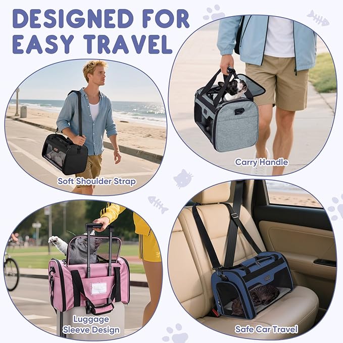 BALEINE Cat Carrier, Puppy Dog Carrier for Small Medium Pets Up to 15 Lbs, Soft-Sided Dog Travel Bag with Safety Zippers, Collapsible Pet Carrying Case (Blue, L, 17"x11"x11")