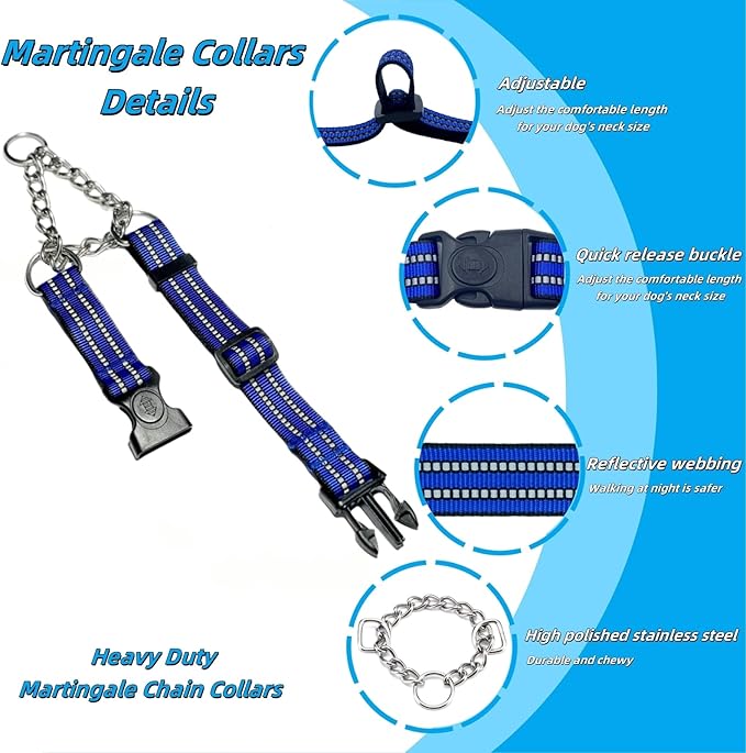 Martingale Dog Collars, Reflective Nylon Collar with Stainless Steel Chain, Adjustable Walking Training Dog Collars with Quick Release Buckle, Suitable for Small Medium Large Dogs(Blue,S)