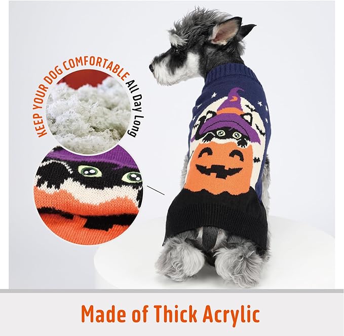 FOFOS Halloween Dog Sweater Pumpkin, Acrylic Knit Dog Pullover Lightweight Dogs Halloween Clothes for Small Medium Puppies, Navy Blue, S