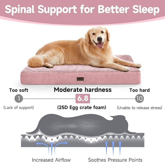 OhGeni Orthopedic Waterproof & Machine Washable Dog Bed for Medium Large Pets, Cat Mat with 25D Egg Crate Foam, Non-Slip Bottom & Removable Cover, 44 Inches(Pink)