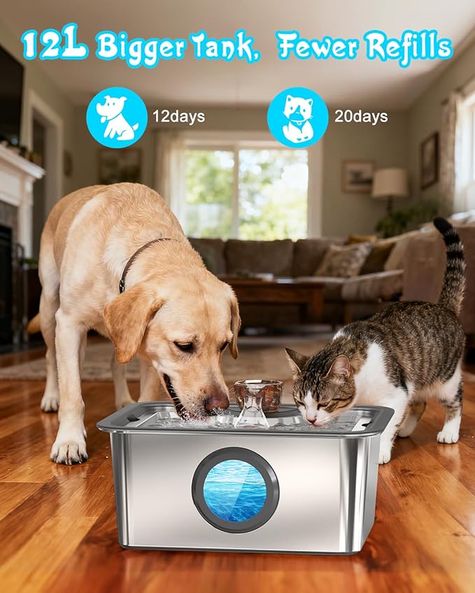 12L/3gal Stainless Steel Large Dog Water Fountain for Large Dog, Electric Pet Water Dispenser with Water Level Window&LED, Cat and Dog Fountain Water Bowl for Multi-Pet Home,Super Quiet