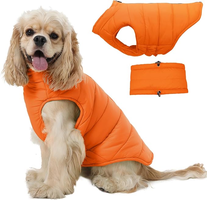 Dog Coat for Large Dogs, Dogs Snow Jacket with Back Zipper, Winter Warm Dog Puffer Vest with Detachable Neck Wrap, Winter Pet Clothes Elastic Band on Chest for Springer, Dalmatian, Orange L