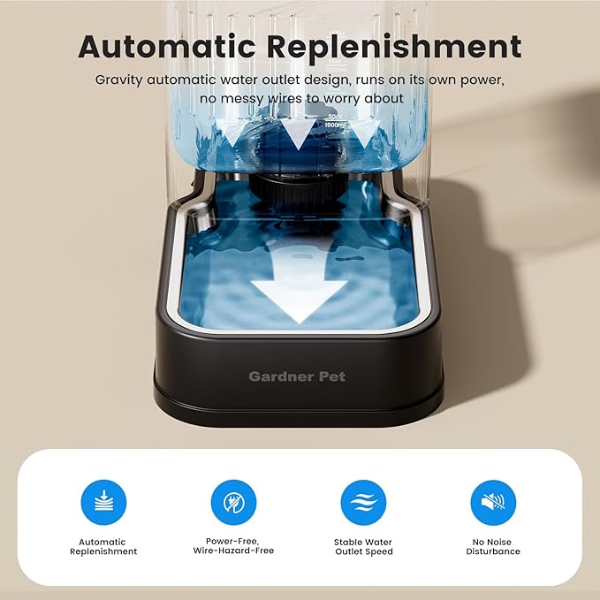 Gardner Pet Automatic Dog Water Dispenser Gravity Waterer with Stainless Steel Bowl Water Dispenser 6.5L Large Capacity Water Feeder with Filters for Dogs Cats Pets, BPA-Free Noise-Free (Black, 6.5L)