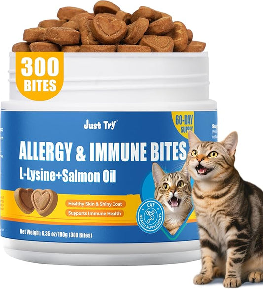 Just Try 300 Bites Allergy & Immune Bites for Cats - with L-Lysine & Quercetin for Itchy Skin Relief & Cat Allergy- Skin & Coat Health Eye Health- Grain Free Dietary Supplements for Pets