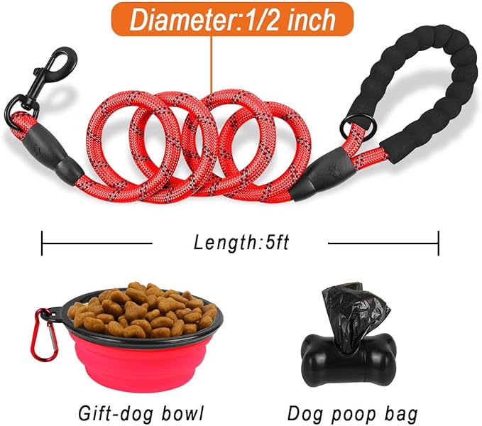 BARKBAY Dog Leashes for Large Dogs Heavy Duty Dog Leash 4/5/6 FT with Comfortable Padded Handle and Highly Reflective Threads for Medium Large Dogs Walking Training Running (5FT-1/2'',Red