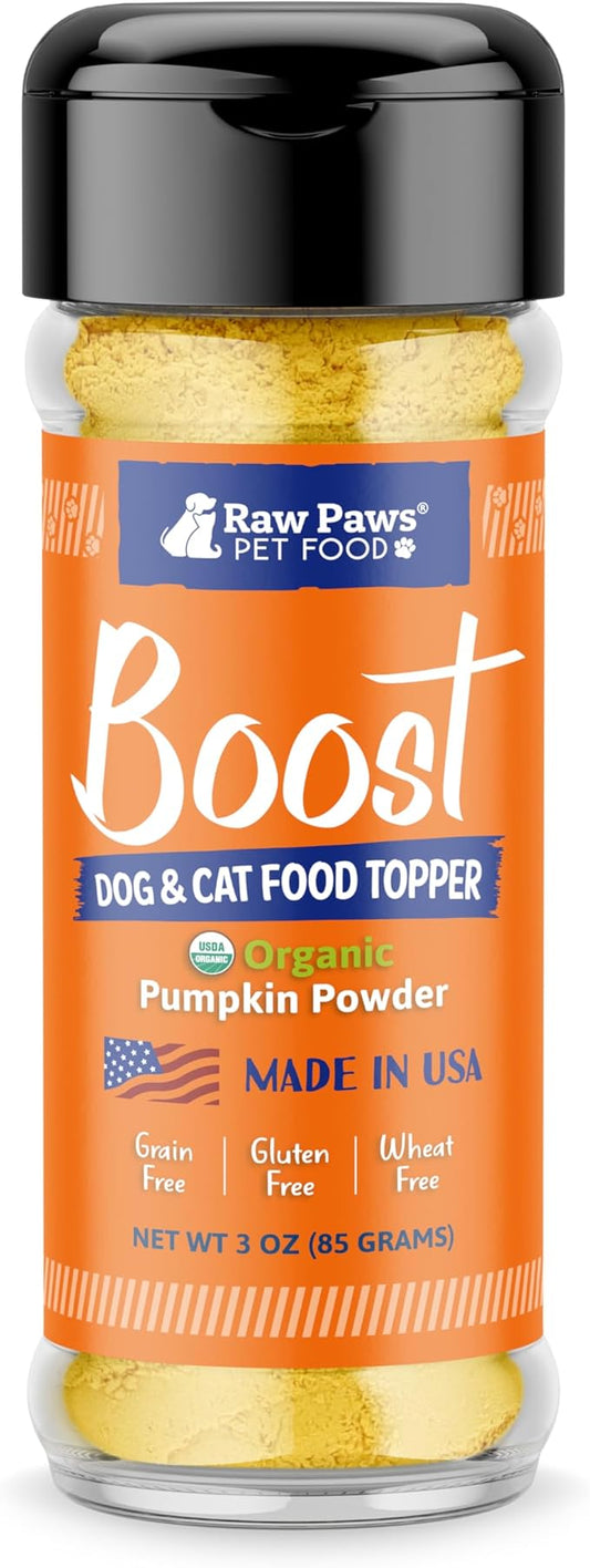 Raw Paws Boost Pet Food Topper Organic Pumpkin Powder, 3-oz - Made in USA - Grain-Free Dog Food Topper - Anti Scoot Pumpkin Powder for Dogs - Vegan Dog Food Gravy - Meal Toppers for Dogs
