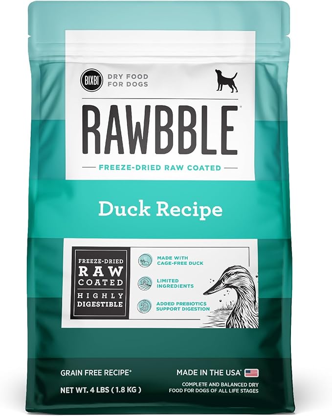 BIXBI Rawbble Dry Dog Food, Duck, 4 lbs - USA Made with Fresh Meat - No Meat Meal & No Corn, Soy or Wheat - Freeze Dried Raw Coated Dog Food - Minimally Processed for Superior Digestibility