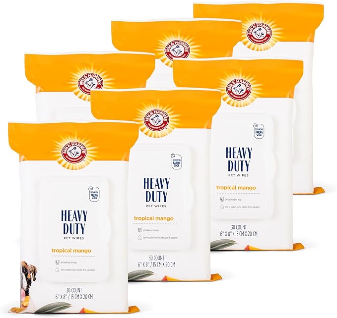 Arm & Hammer for Pets Heavy Duty Multipurpose Bath Wipes for Dogs, Travel Size, Mango Scent All Purpose Dog Wipes Remove Odor & Refresh Skin for Pets Travel Pet Wipes, 30 Count (Pack of 6)