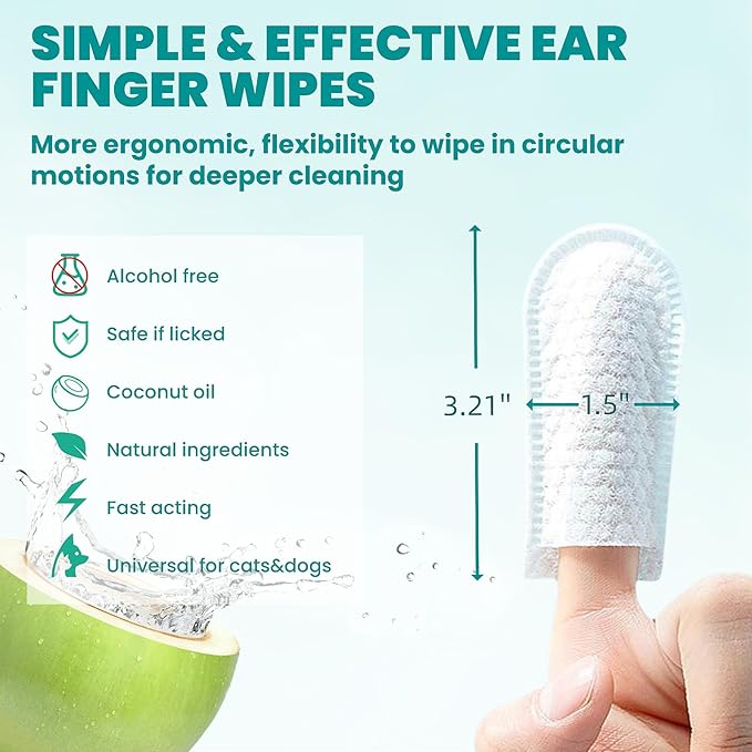 Ear Cleaner Finger Wipes 120 Counts, Dog Ear Cleaner, Grooming Kit Care for Dogs and Cats, Soft & Easy Otic Cleaning Pads, Remove Wax, Dirt & Stop Smelly, Itchy, Non-Irritating, Unscented