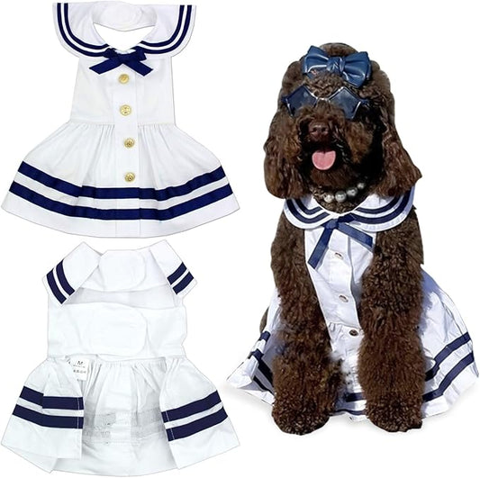 Parisian Pet Dog Dress - Lightweight Sailor Outfit - Breathable Summer Clothes - Pure Cotton White and Blue Dress - XS for Small Dogs Girl