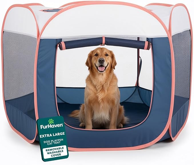 FurHaven Portable Pet Playpen for Dogs & Cats, Extra Large Indoor Kitten Playpen with Mesh Sides, Foldable Dog Playpen for Small Dogs, Pop Up Travel Dog Pen, X-Large, Pet Crate with Mesh Sides, Navy