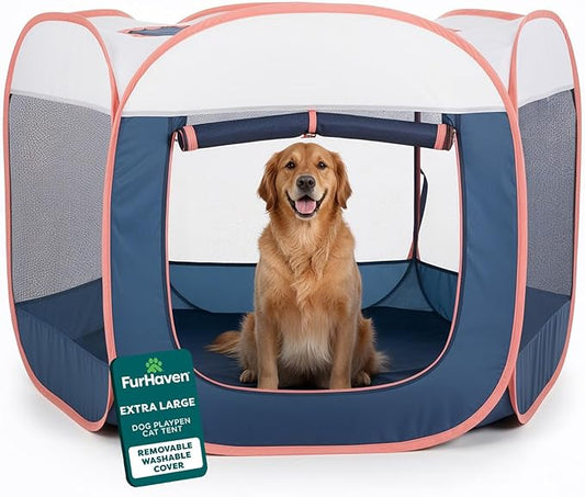 FurHaven Portable Pet Playpen for Dogs & Cats, Extra Large Indoor Kitten Playpen with Mesh Sides, Foldable Dog Playpen for Small Dogs, Pop Up Travel Dog Pen, X-Large, Pet Crate with Mesh Sides, Navy