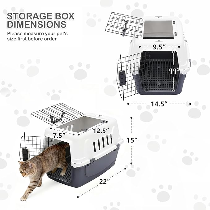 MoNiBloom 22-Inch Dog Crate Plastic 2-Door Top Loading Cat Carrier, Hard-Sided Dog Travel Carrier for Small Dogs and Cats, Ventilation and Security Lock Design for Pets up to 22 lbs (Grey)