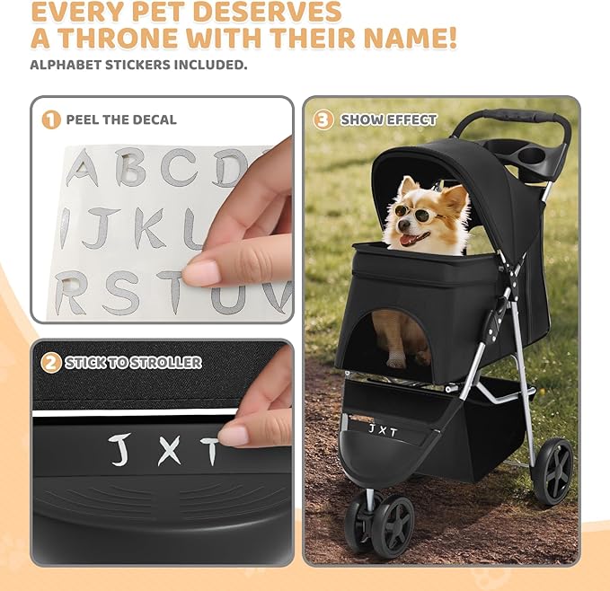 Magshion 3-Wheel Pet Stroller, Foldable Travel Jogger for Small & Medium Dogs & Cats (Up to 33lbs), Lightweight Carrier with Breathable Mesh Cover, Cup Holder & Storage Basket, Black