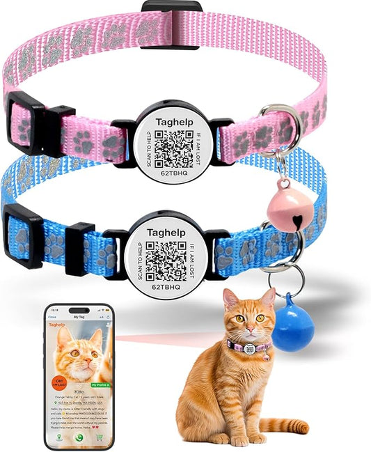 2 Pack QR Code Cat Collar with Instant Lost Pet Recovery System, Scan for Urgent Alerts & Location Info, Breakaway Reflective Collar with Safety Bell (Blue & Pink)