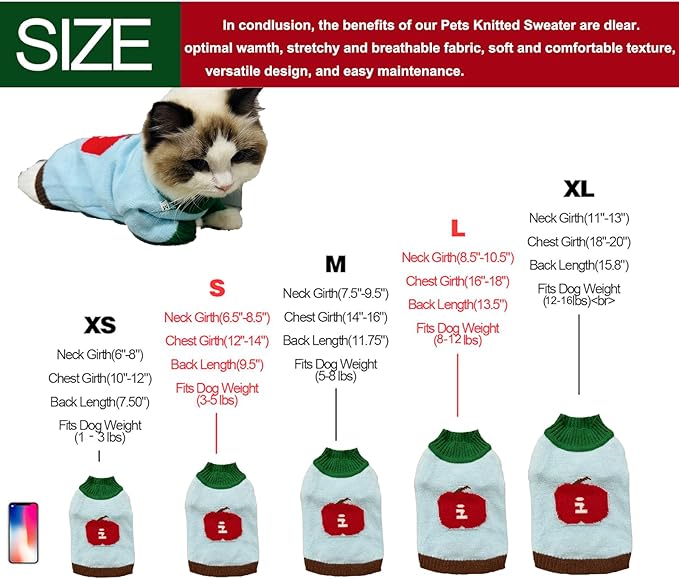 Fall/Winter Dog & Cat Sweater - Cozy Knit Pullover for Small Pets, Light Blue with Red Apple Print, Warm & Breathable for Indoors/Outdoors, Anti-Shedding, Soft Yarn (XS/S/M/L/XL) (X-Large)