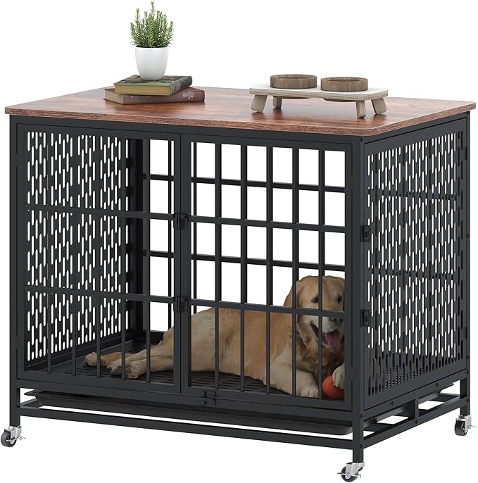 BOINN 42 inch Extra Large Dog Crate Furniture with Removable Trays, 3 Doors, 4 Wheels & 5 Locks - for Medium and Large Dogs