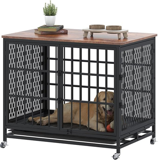 BOINN 42 inch Extra Large Dog Crate Furniture with Removable Trays, 3 Doors, 4 Wheels & 5 Locks - for Medium and Large Dogs