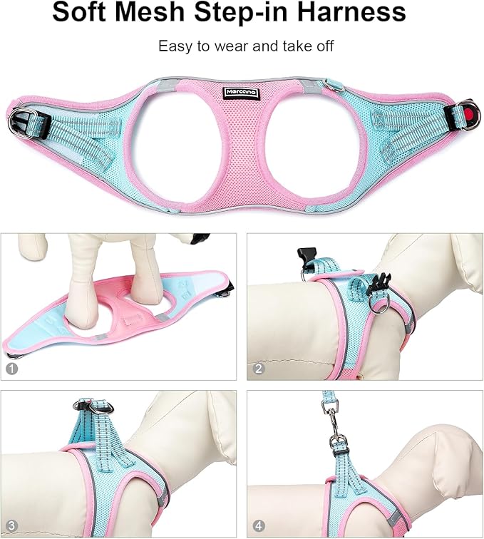 Mercano Soft Mesh Dog Harness and Leash Set, No-Chock Step-in Reflective Breathable Lightweight Easy Walk Vest Harnesses with Safety Buckle for Small Dogs, Cats (S, Pink Blue)