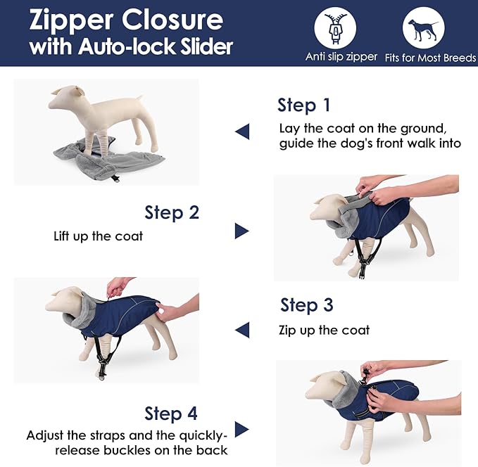 AOFITEE Large Dog Coat, Waterproof Dog Jacket Winter with Harness Built in, Warm Fleece Pet Puffer Jacket with Zipper, Cold Weather Coats for Dogs, Reflective Pet Snowsuit, Great Dane, Blue XXXL