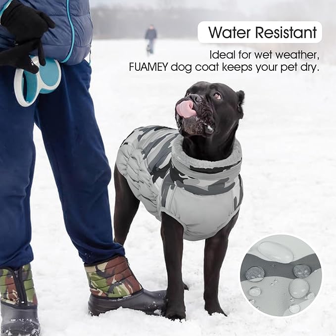 FUAMEY Dog Coat for Large Dogs,Waterproof Dog Winter Jacket with Harness Built in Puppy Cold Weather Coats Reflective Pet Vest with Zipper Warm Fleece Dogs Snowsuit Windproof Grey Camo XL