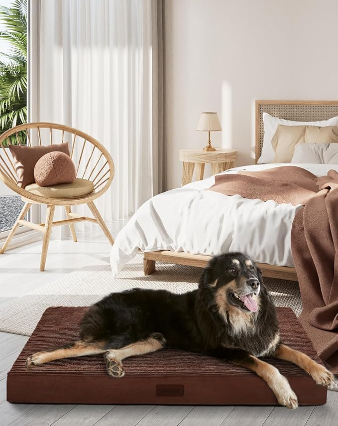 OhGeni Orthopedic Waterproof & Machine Washable Dog Bed for Large Pets, Suitable for Crates, Cat Mat with 25D Egg Crate Foam, Non-Slip Bottom & Removable Cover, 41 Inches(Brown)