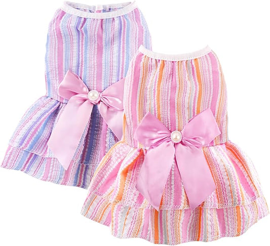 2 Pieces Dog Dress Princess Stripe Pet Dresses for Small Dogs Cute Bowknot Dog Summer Clothes for Dogs Cats Pets Puppy Chihuahua Yorkies